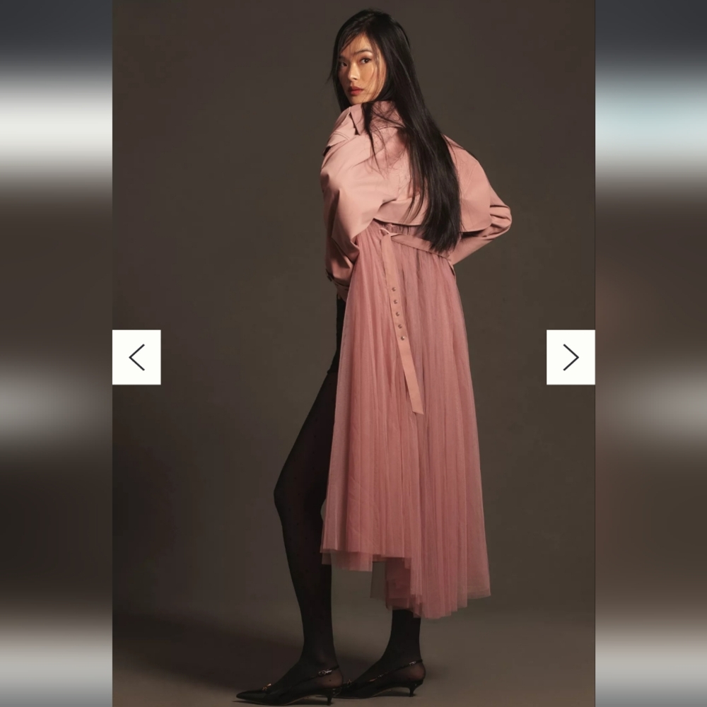 Anthropologie Womens Blush Pink Trench Coat Tulle Pleated Detail Size Small Flaw - Picture 4 of 14